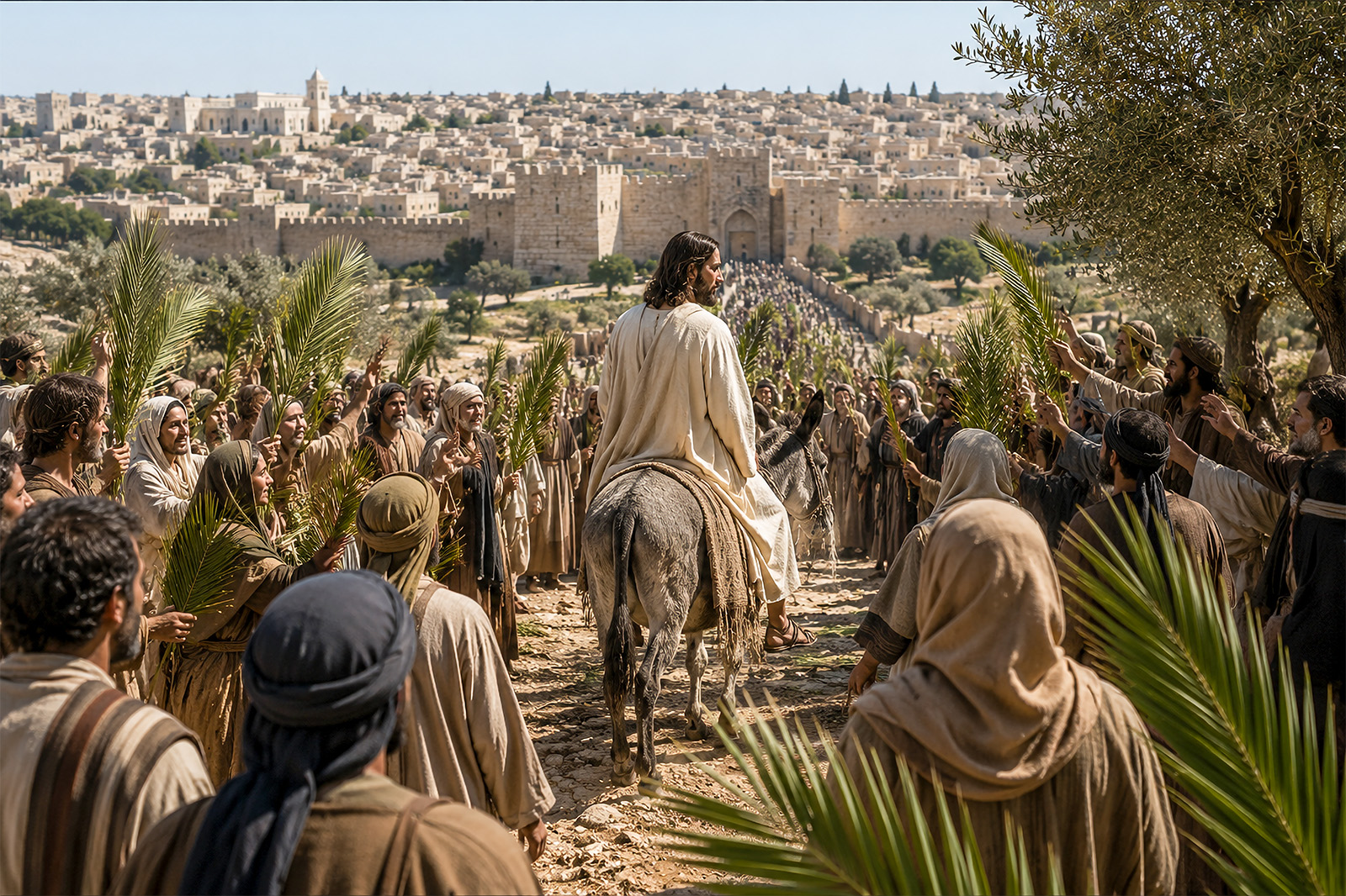 Jesus approaching the city from the Mount of Olives.